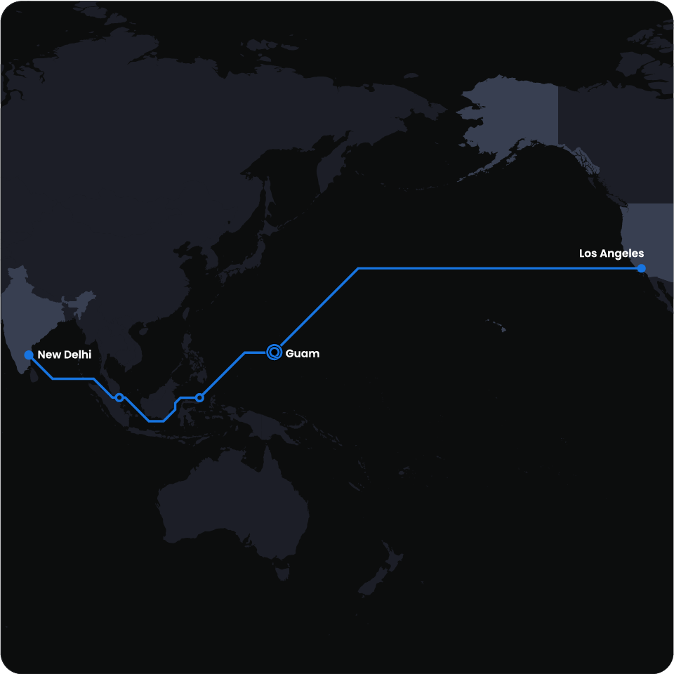 A map showing Los Angeles, USA and New Delhi, India connecting to Guam
