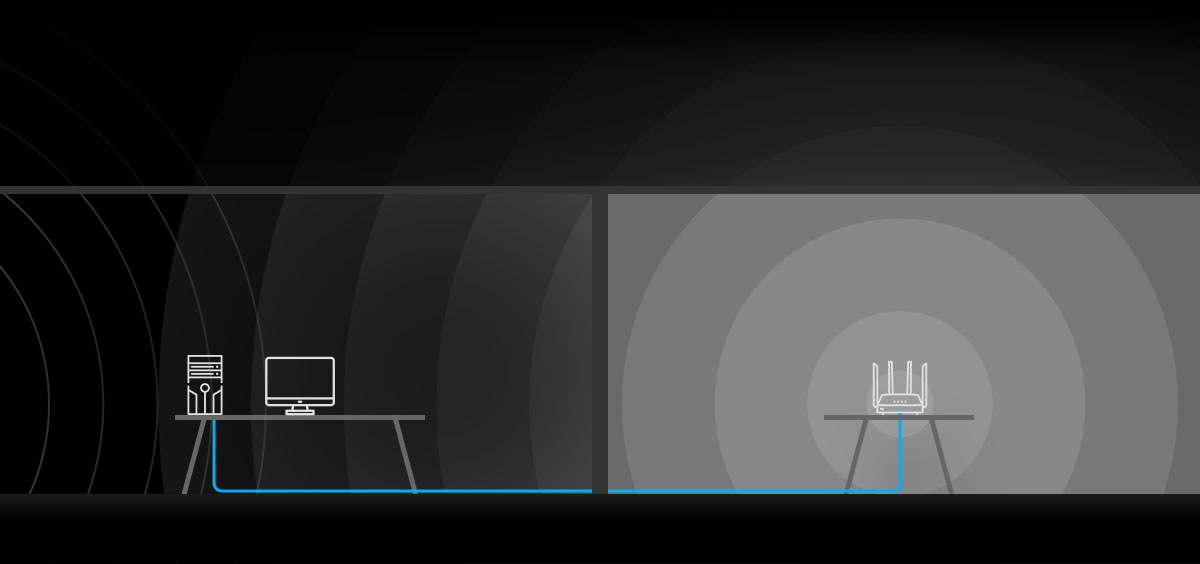 Illustration of two rooms in a house, a Wi-Fi router emanating waves in one, and a gaming computer on a desk in the other. Wireless signal is weakened by a wall, and spectral interference from an external wireless network is also visible. A blue ethernet cable is visible, showing unimpeded connectivity between the router and the computer.